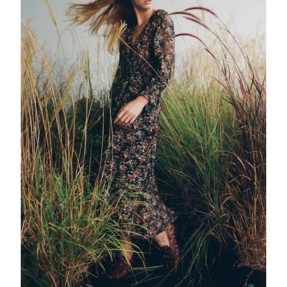 Zara Boho Floral Black Dress, small